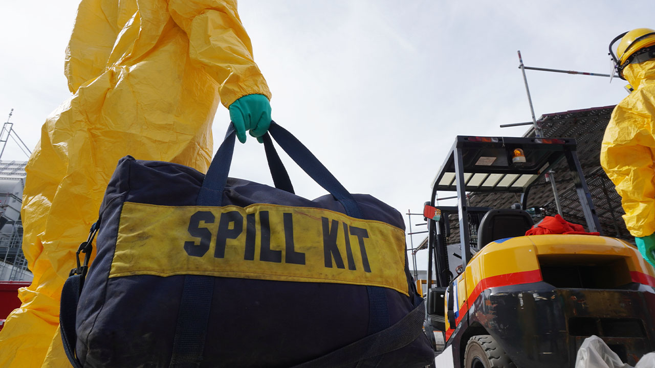 a man carrying a spill kit showing the concept of how to manage chemical spills